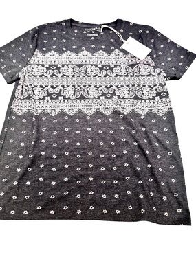 NWT Lucky Brand Charcoal & White Paisley/Bandana Print Tee, Size M